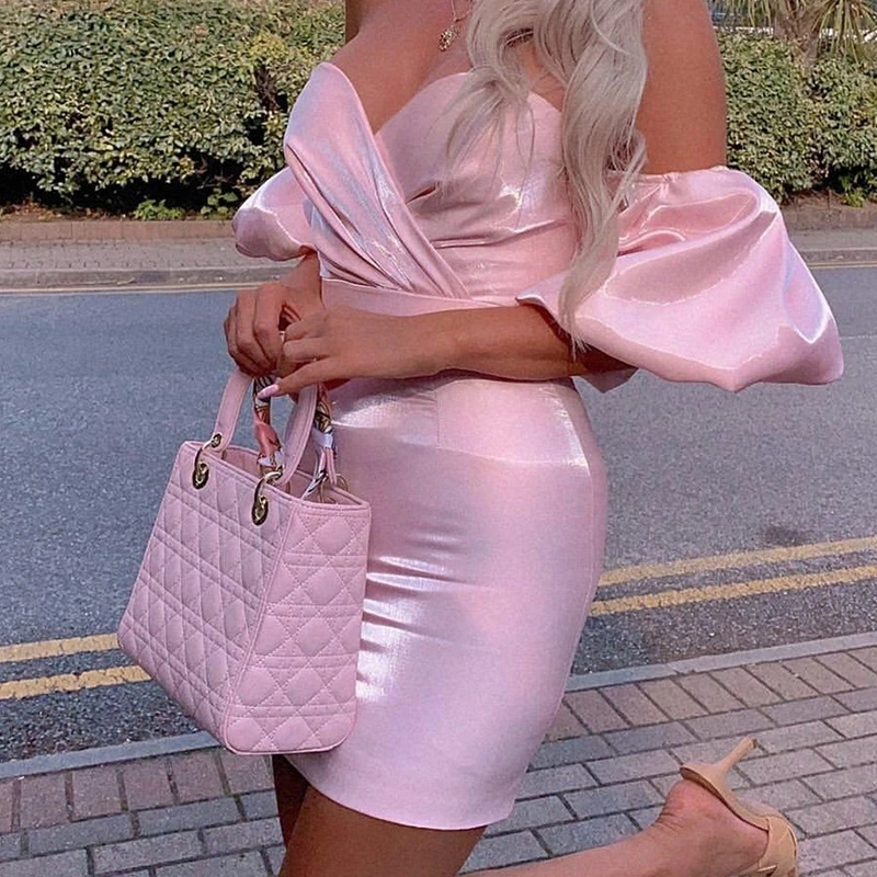Pink Off-Shoulder Satin Balloon-Sleeve Mini Dress — product details and sizing image 4