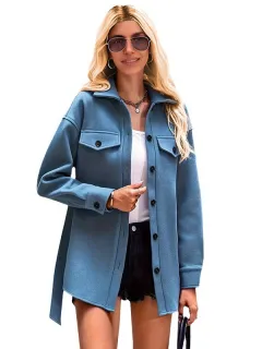 Fashion Pocket Lace Up Short Coat Women's Trench Coat - Blue - View 1