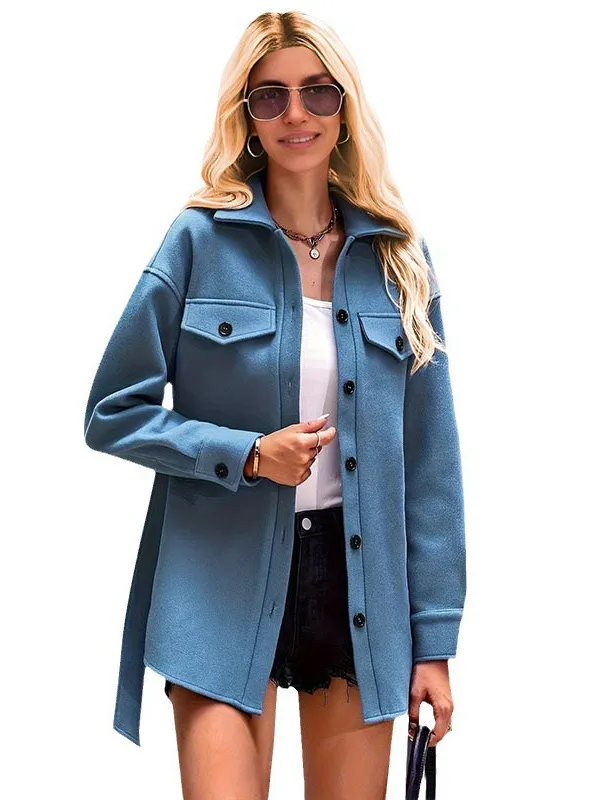Fashion Pocket Lace Up Short Coat Women's Trench Coat Blue - Shop at LoveMi