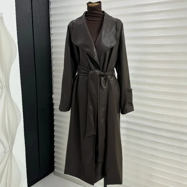 Lapel Mid length Leather Coat Women Dark Brown - Shop at LoveMi