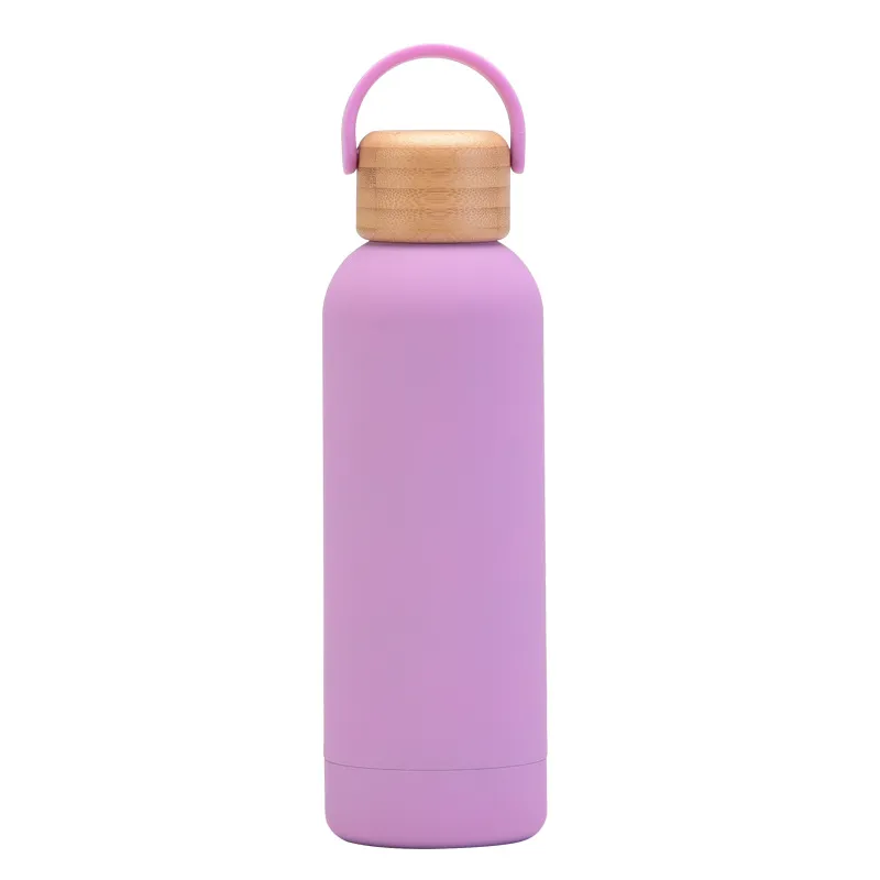 500ml Small Mouth Vacuum Cup Portable Handle Bamboo Wood Cover Water Cup Water Bottle - Lilac Purple