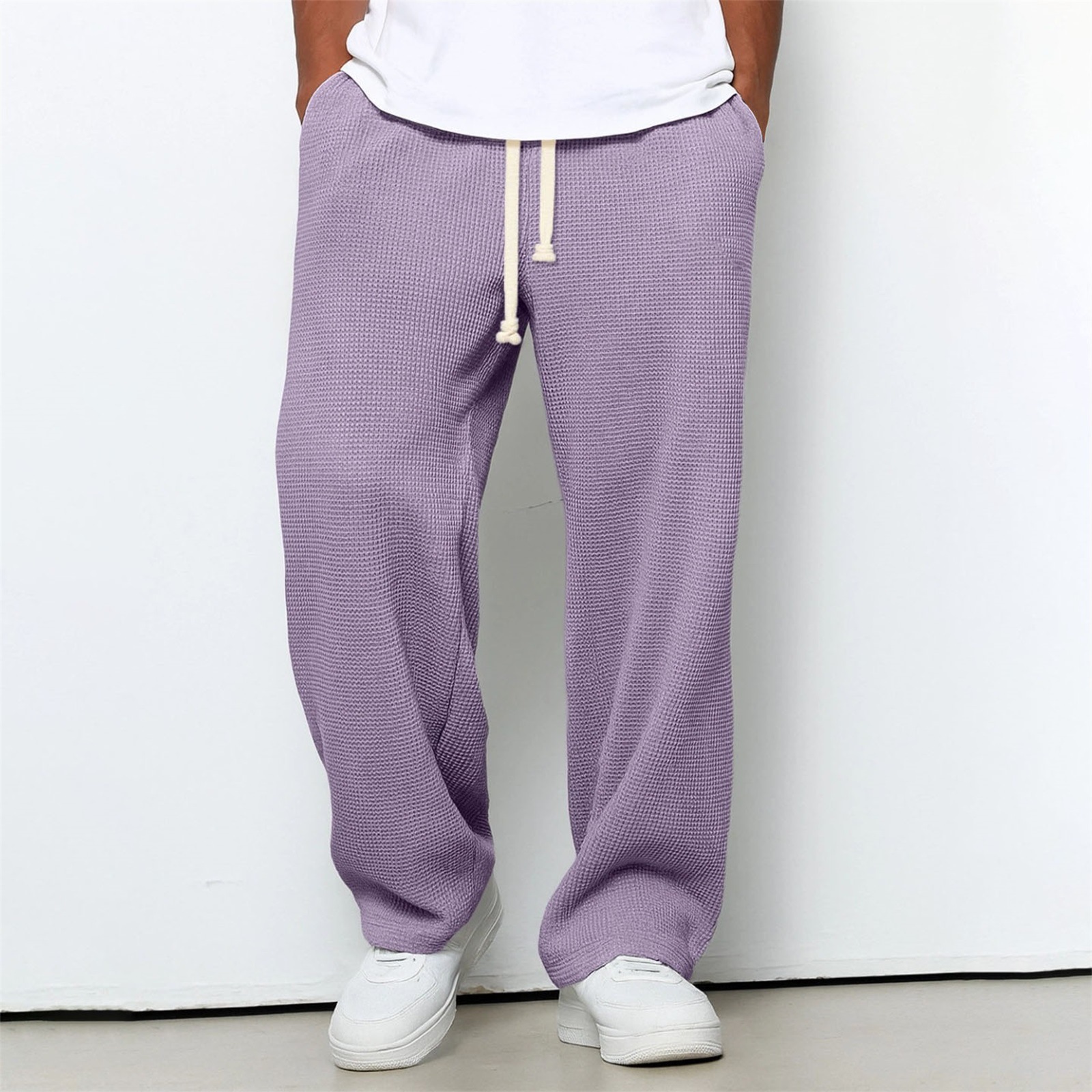 Mens Relaxed-fit Waffle-knit Wide-leg Athleisure Pants