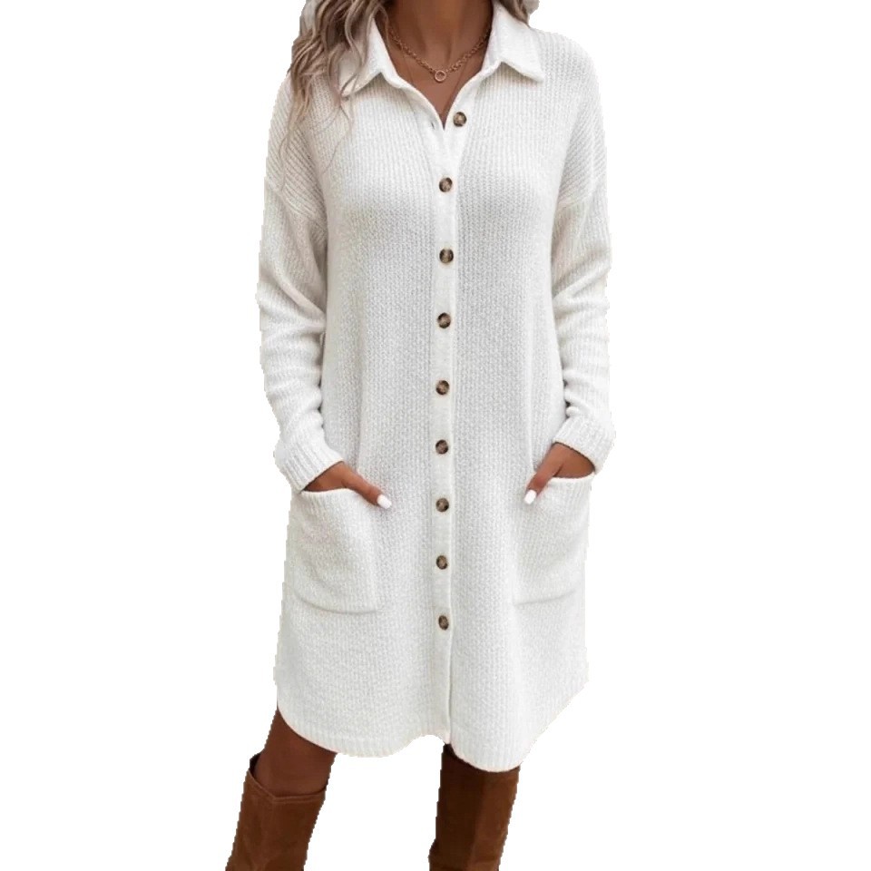 Knitted Button Down Solid Color Long Sleeve Pocket Cardigan Sweater Dress