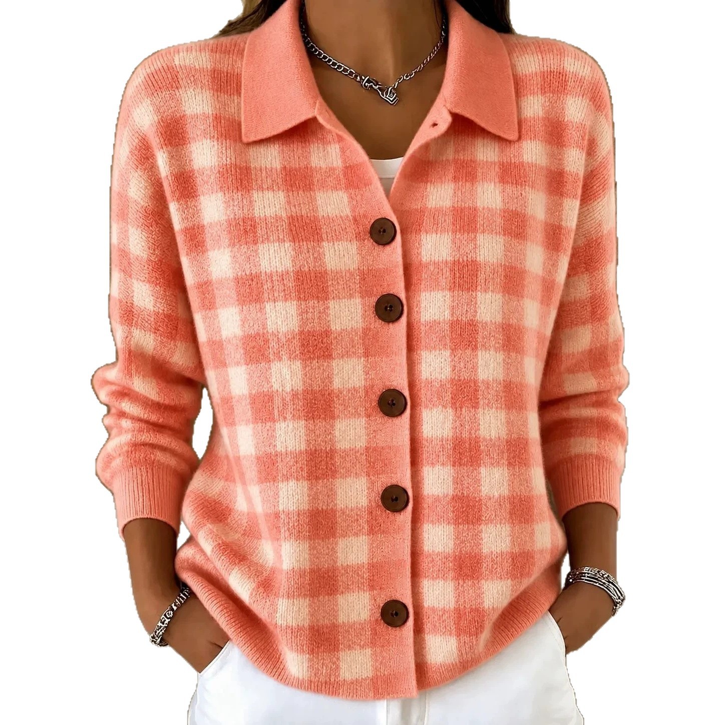 New Fallwinter Womens Loose-fit Plaid Long-sleeve Lapel Sweater Cardigan