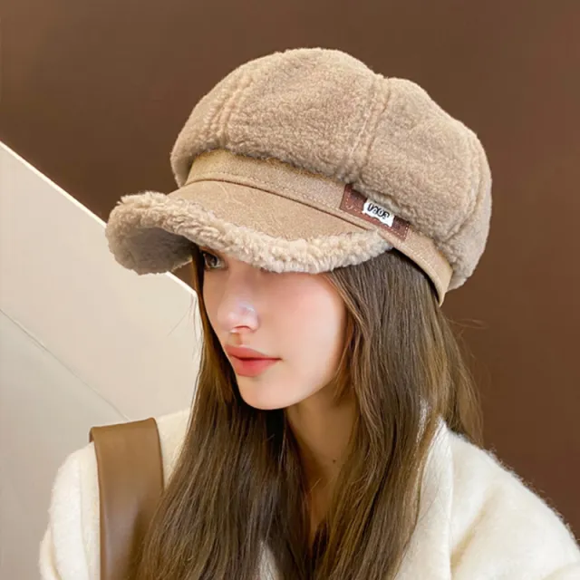 Faux Cashmere Fashion Leather Tag Octagonal Winter Warm Peaked Cap Mm830 Khaki - Shop at LoveMi