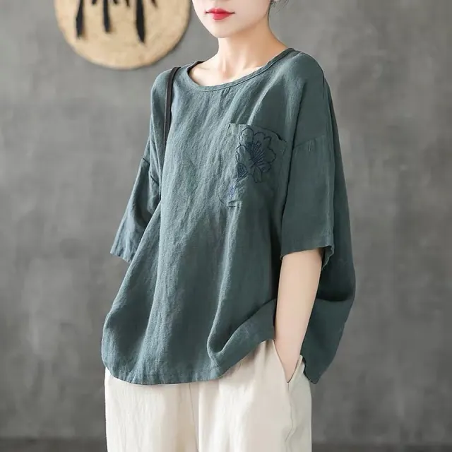 Women's Fashion Casual Embroidered Cotton And Linen T shirt Green - Shop at LoveMi
