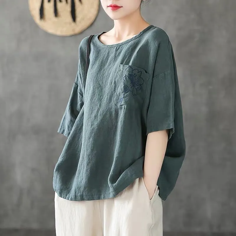 Women's Fashion Casual Embroidered Cotton And Linen T-shirt - Green