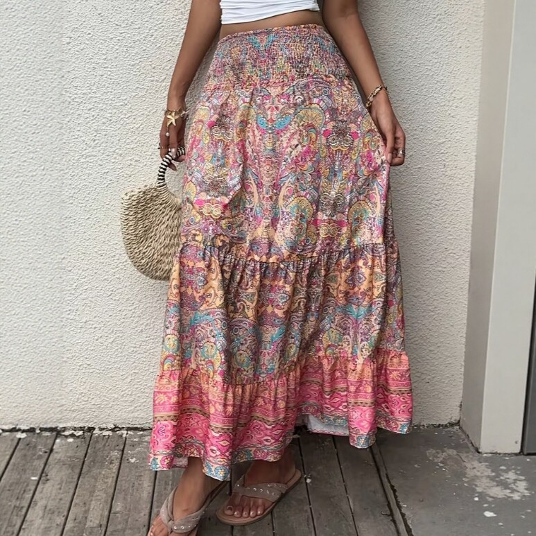 Elastic-waist Resort-style Maxi Skirt