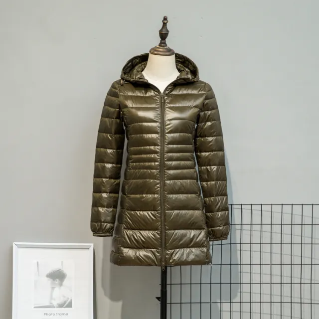 Autumn And Winter Lightweight Down Jacket Women's Mid length Plus Size Hooded Slim Fit Oversized Coat Army Green - Shop at LoveMi