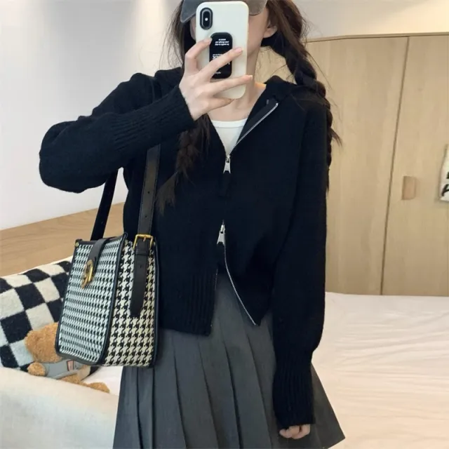 Women's Short Hood Double Zipper Sweater Black - Shop at LoveMi