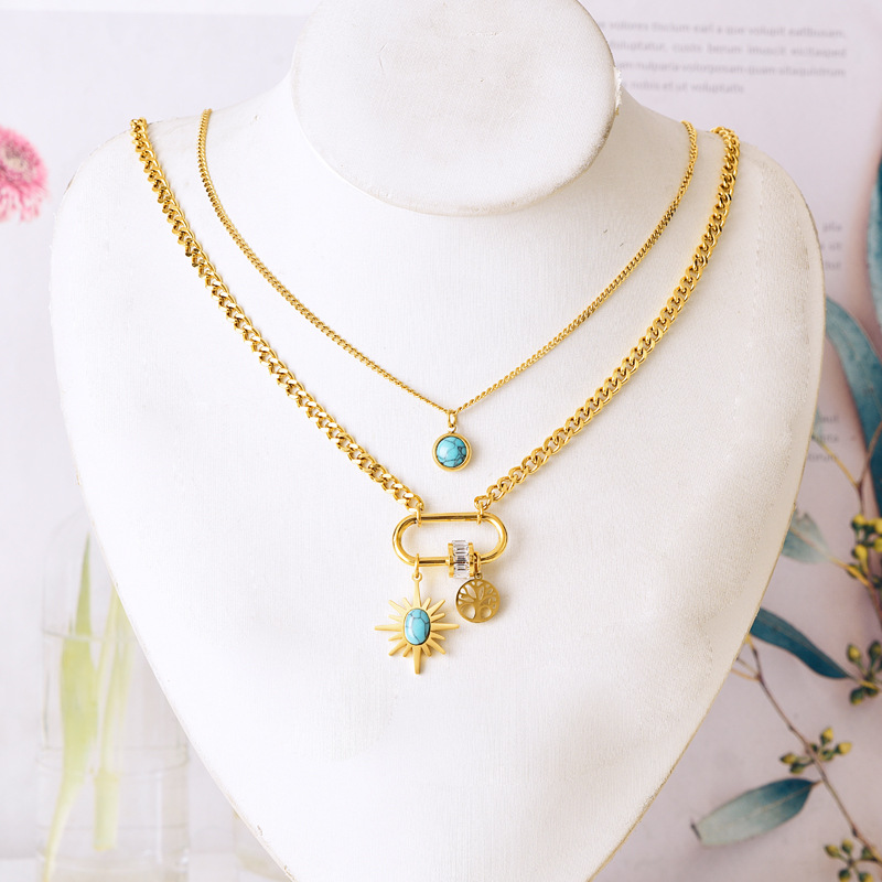 Retro Fashion Oval Cat Eye White Shell Square Lvzuan Twin Clavicle Chain