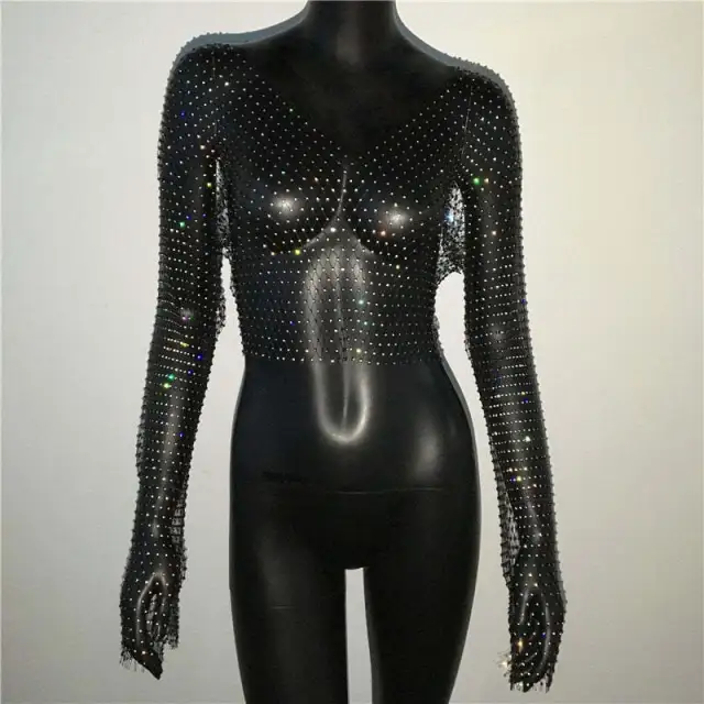 Fishnet Long Sleeve Top Mesh Rhinestone Black Length 45Cmv Collar - Shop at LoveMi