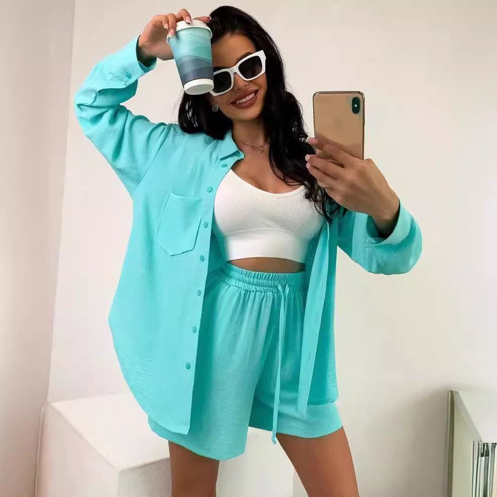 Womens Long-sleeve Shirt And Casual Shorts Set