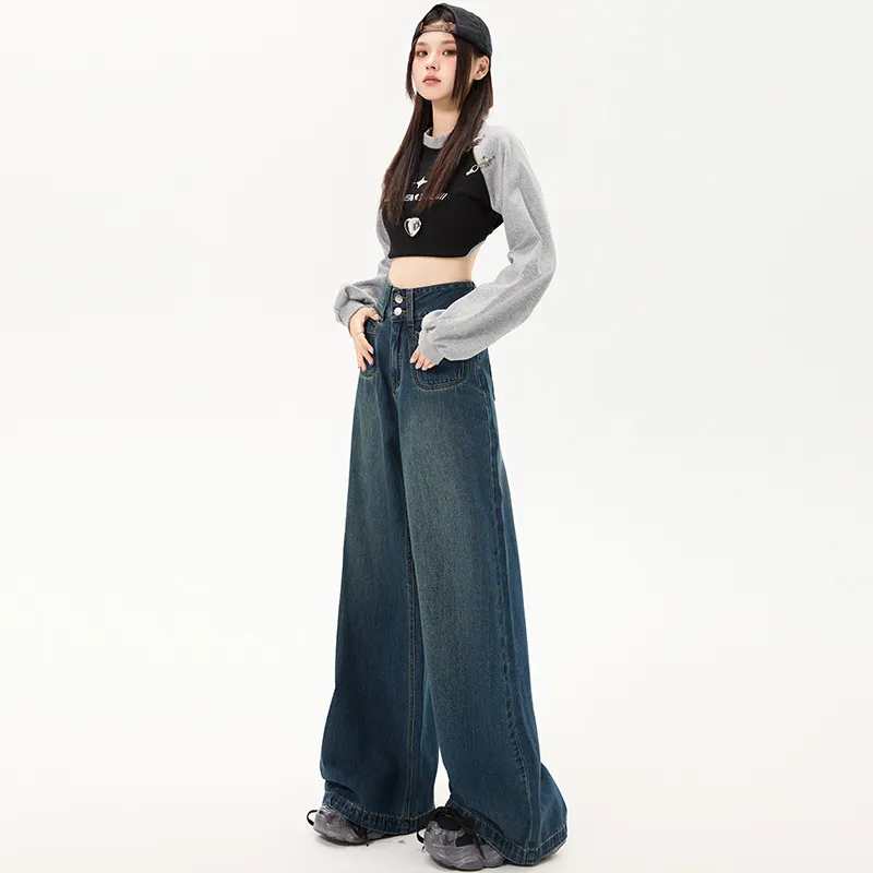 New Simple High Waist Casual Straight-leg Jeans For Women - Retro Blue Trousers