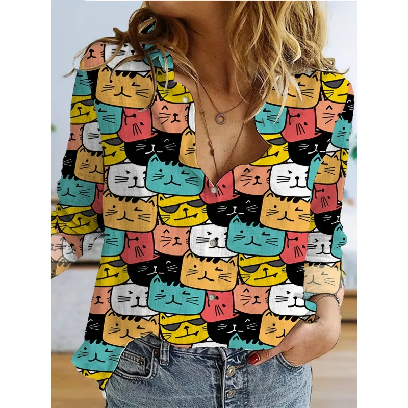 Women's 3d Printed Polka Dot Butterfly Long Sleeve Turn-down Collar Casual Shirt - Style 5-3Xl