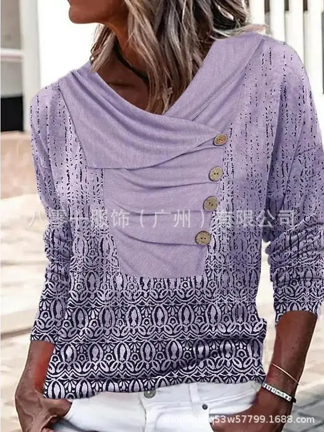 Women's Long sleeved Lapel Button Loose Print T shirt Sweater 0 Style L - Shop at LoveMi
