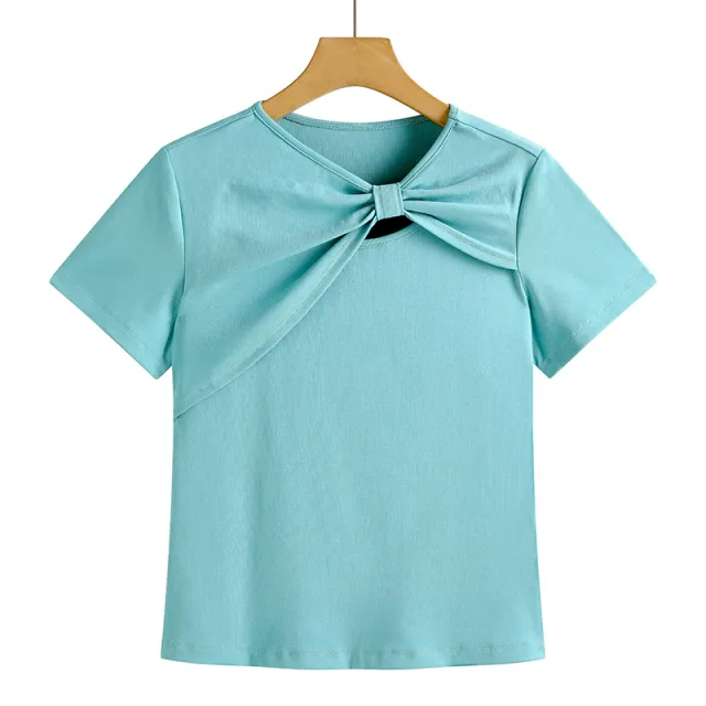 Female Solid Color Hollow Shoulder Short Sleeved Shirt Blue - Shop at LoveMi