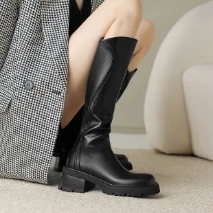 Spring And Autumn Velvet lined Retro Long Riding Boots With Back Zipper Black - Shop at LoveMi