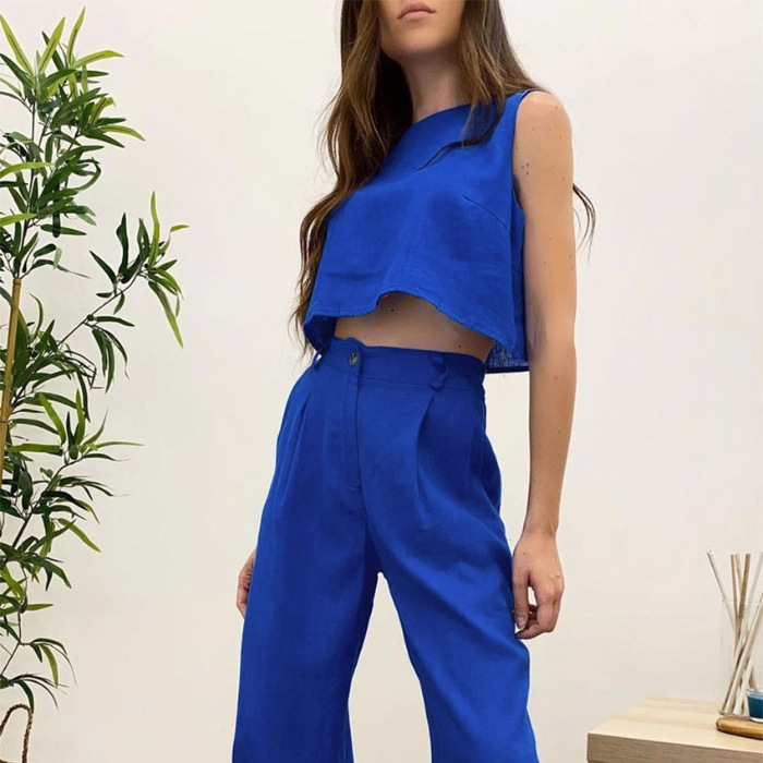 Solid Color Round Neck Sleeveless Vest Top And Trousers Blue - Shop at LoveMi