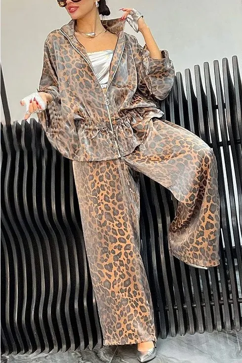 European And American Lapel Waist Drawstring Long Sleeve Leopard Print Casual Suit Camel - Shop at LoveMi