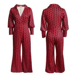 Loose Elastic V-neck Straight High Waist Jumpsuit - Red - View 1
