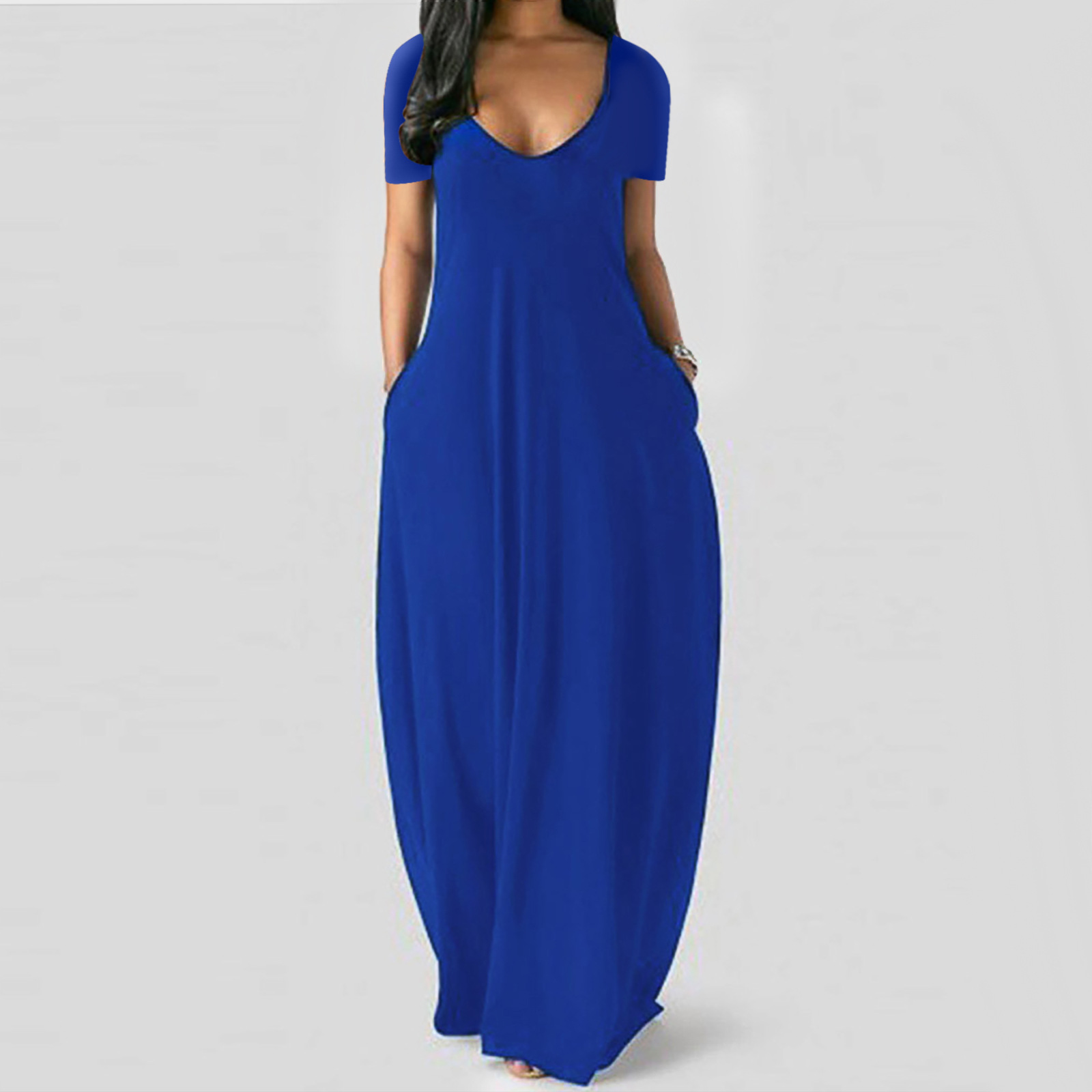 Sexy Deep V Short Sleeve Maxi Dress With Pockets