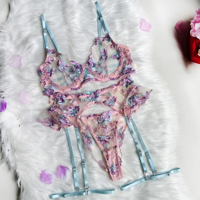 Women's Machine Embroidery Stitching Lace up Sexy Lingerie Set Purple - Shop at LoveMi