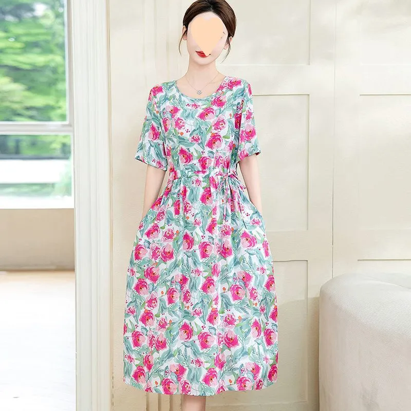 Dress Slimming Waist-tight Floral Overknee Dress Loose Summer Dress - 5 Oil Painting Rose