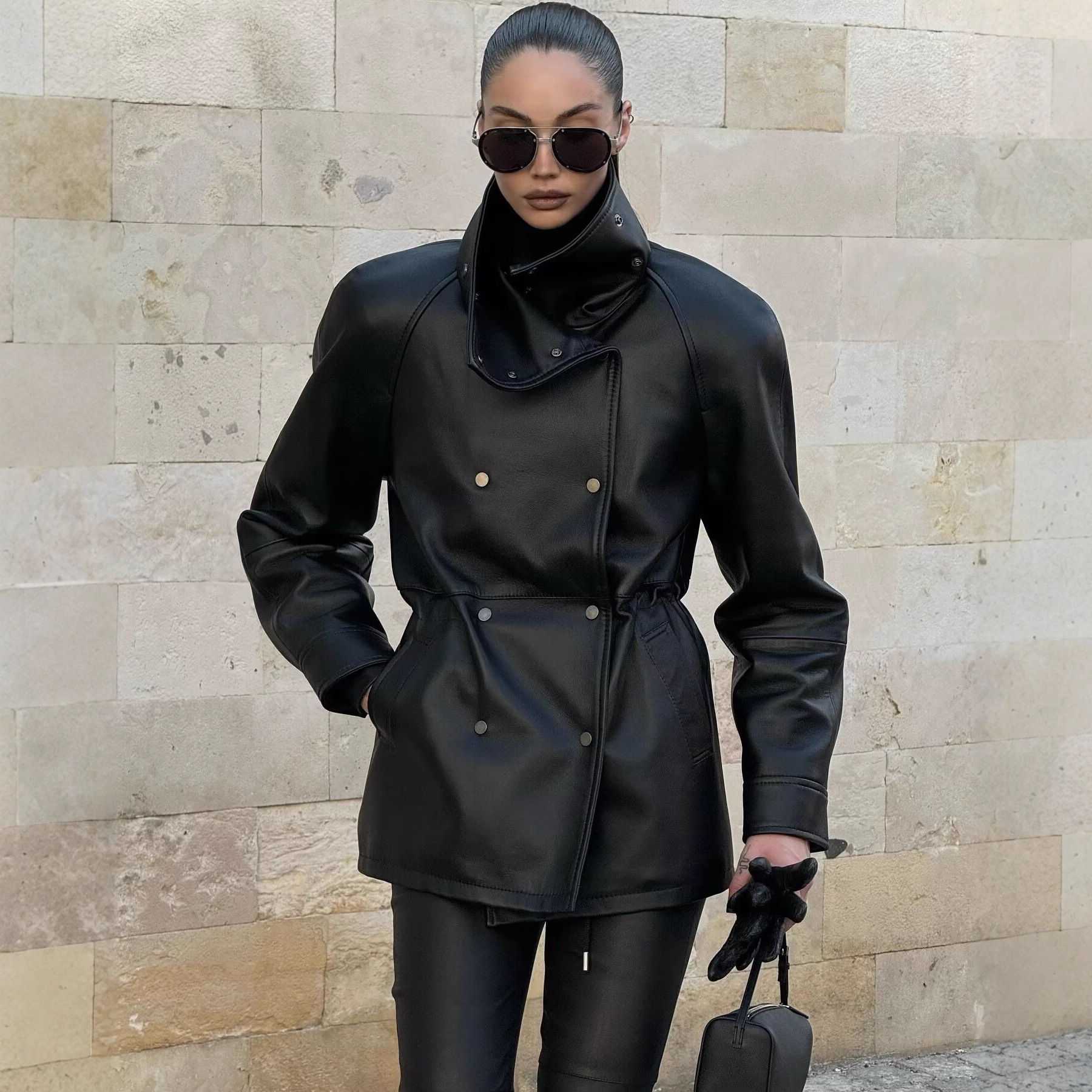 Women's Fashion Black Mid-length Leather Jacket