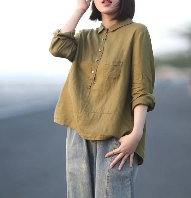 Casual Loose Solid Color Linen Shirt For Women Autumn Fragrance Xxl - Shop at LoveMi