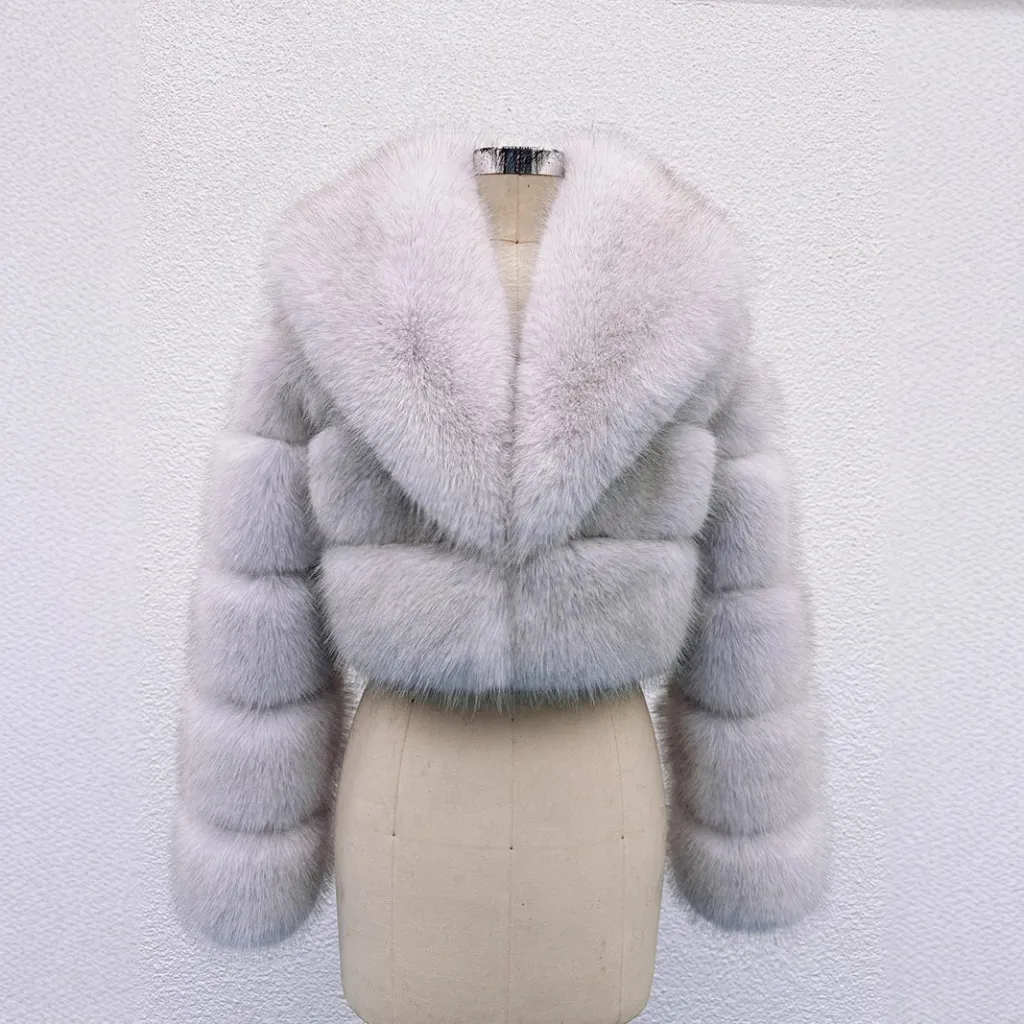 Stitching Artificial Fur Big Fur Collar Short Coat - Natural Color
