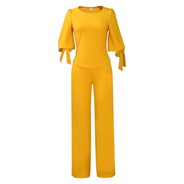 New Casual Set Loose Large Size Tie up Top High Waist Wide Leg Pants Set Yellow - Shop at LoveMi