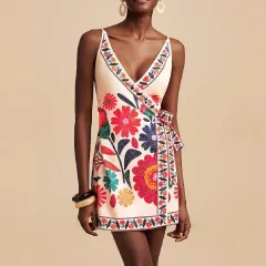 Women's Fashion Casual V-neck Lace-up Vacation Style Sling Dress - Colour - View 1