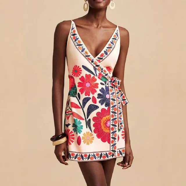 Women's Fashion Casual V neck Lace up Vacation Style Sling Dress Color - Shop at LoveMi
