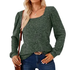 Square Collar Solid Color Rib Fabric Loose Long-sleeved T-shirt Top For Women - Army Green - View 1
