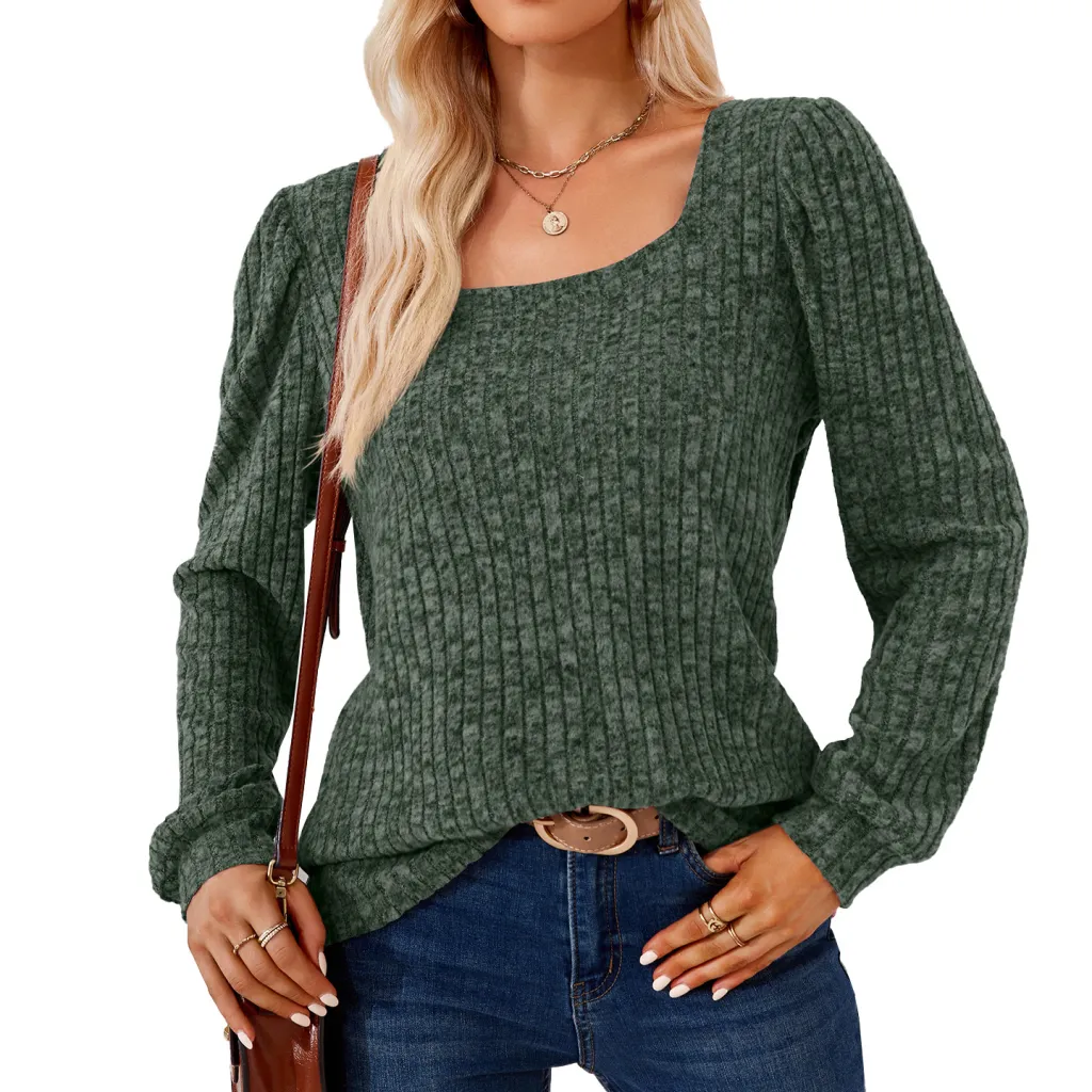 Square Collar Solid Color Rib Fabric Loose Long-sleeved T-shirt Top For Women - Green
