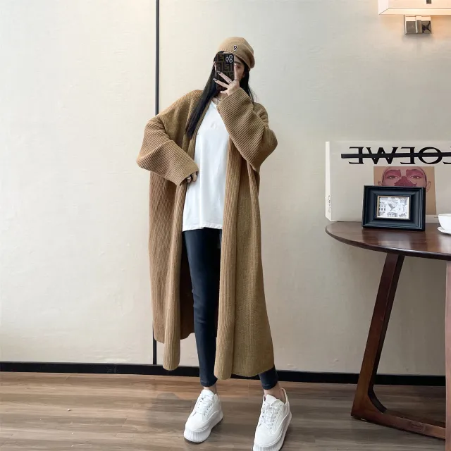 Solid Color Lazy Style Loose Mid length Sweater Coat Women's Fashion Camel - Shop at LoveMi