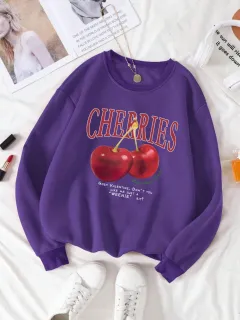 Fashion Women's Sweatshirt Fresh Red Cherry Printed Sweater - Purple - View 1