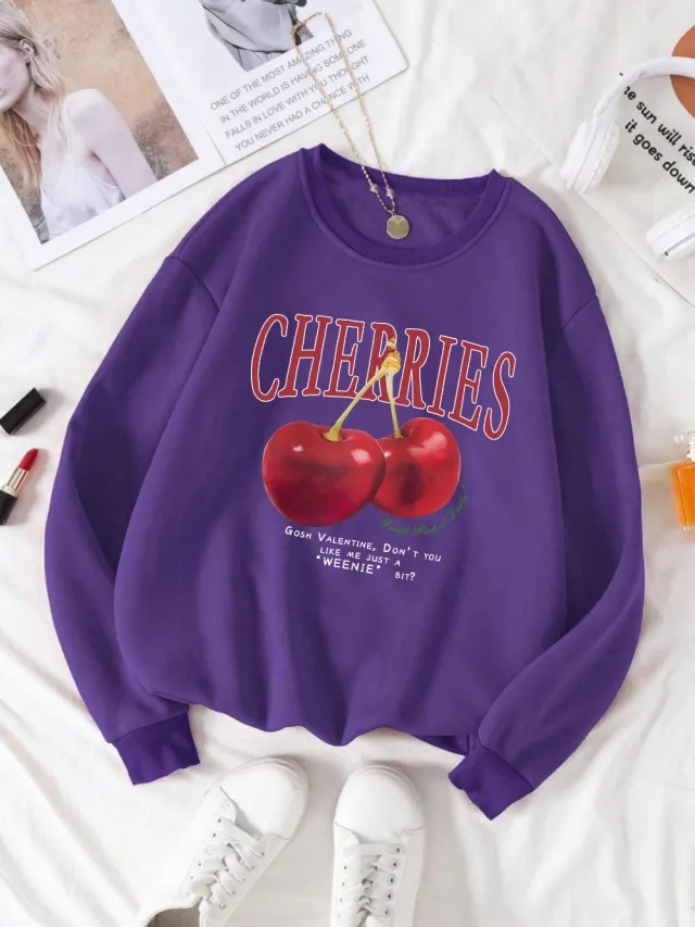 Fashion Women's Sweatshirt Fresh Red Cherry Printed Sweater Purple - Shop at LoveMi