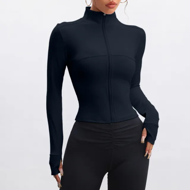 Stand Collar Long sleeve Zipper Jacket Navy - Shop at LoveMi