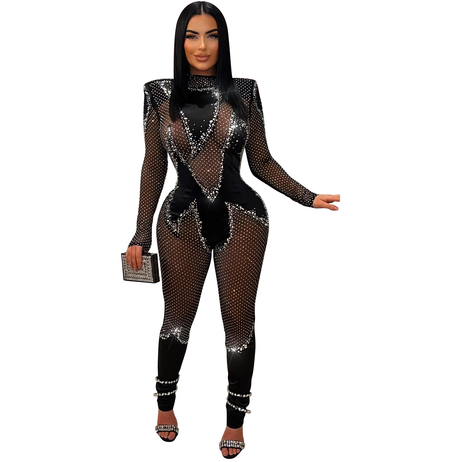 Title 4, Wear Pure Color Mesh Rhinestone Long-sleeved Tr...