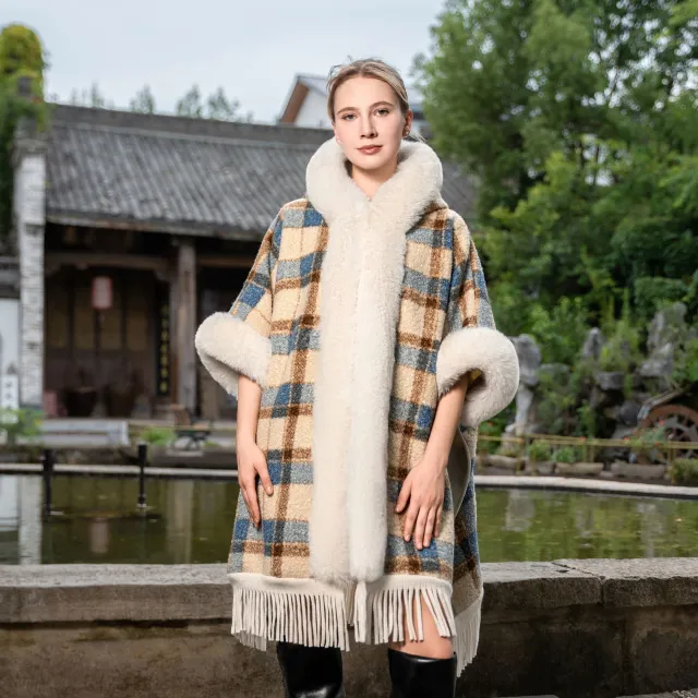 New Hooded Warm Cloak Artificial Plush Fur Shawl Blue - Shop at LoveMi