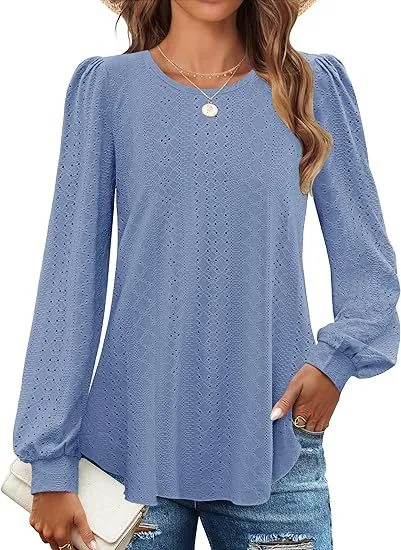 Women's Loose Casual Lantern Sleeve Long Sleeve T shirt Blue - Shop at LoveMi