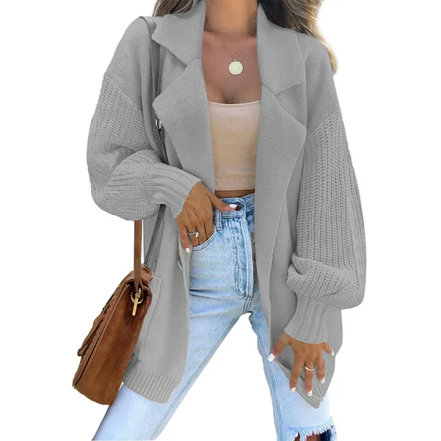 Solid Color Suit Collar Long Sleeve Knitted Coat European And American Gray - Shop at LoveMi