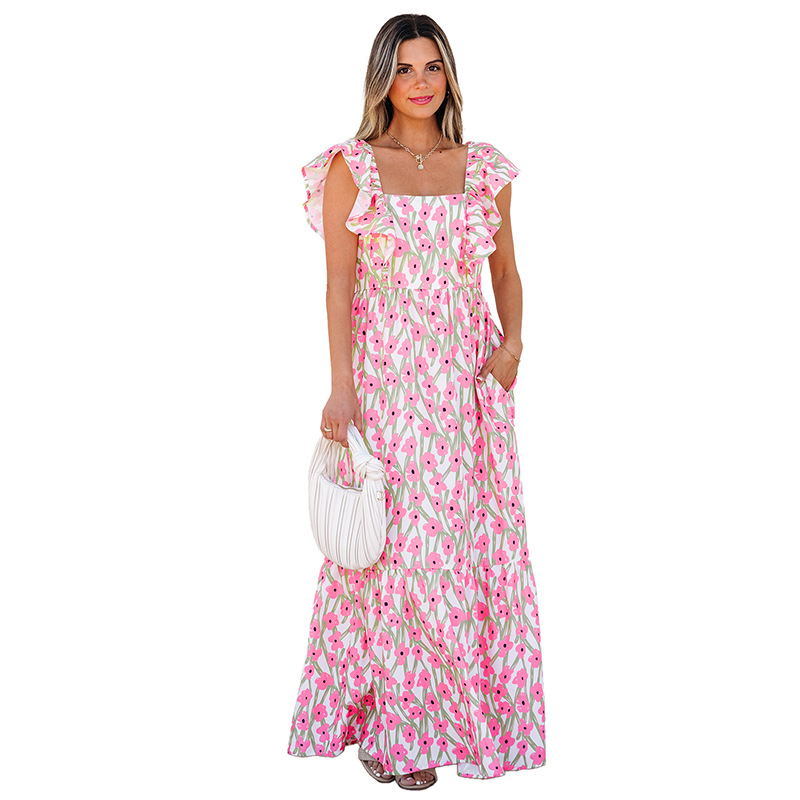 Women's Casual All-match Floral High Waist Square Collar Dress