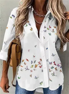 Women's Digital Printing Long Sleeve Shirt Top - Small Butterfly-M - View 1