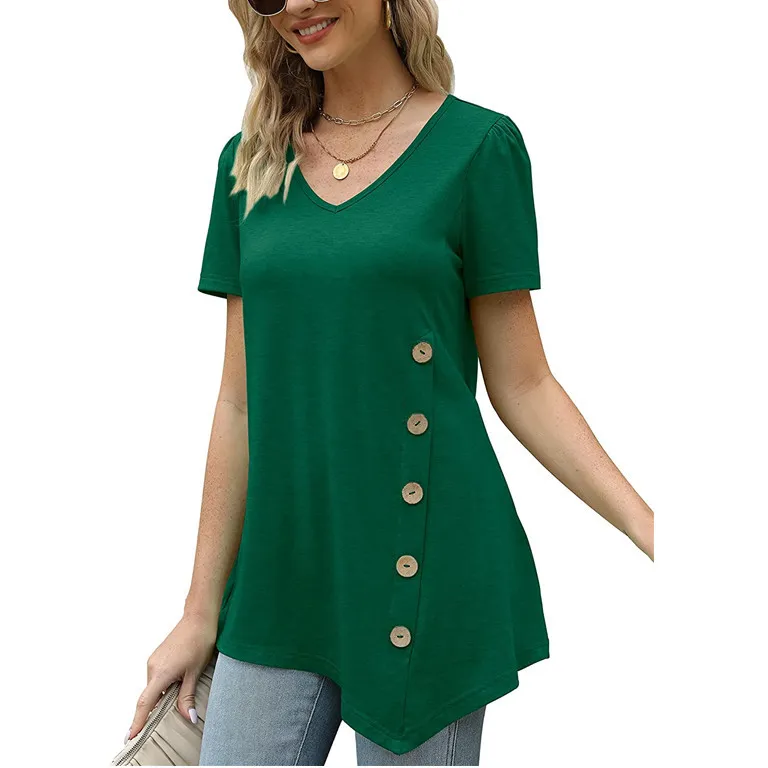 Women's Summer Top Casual Short Sleeve V-neck Loose Casual T-shirt - Green