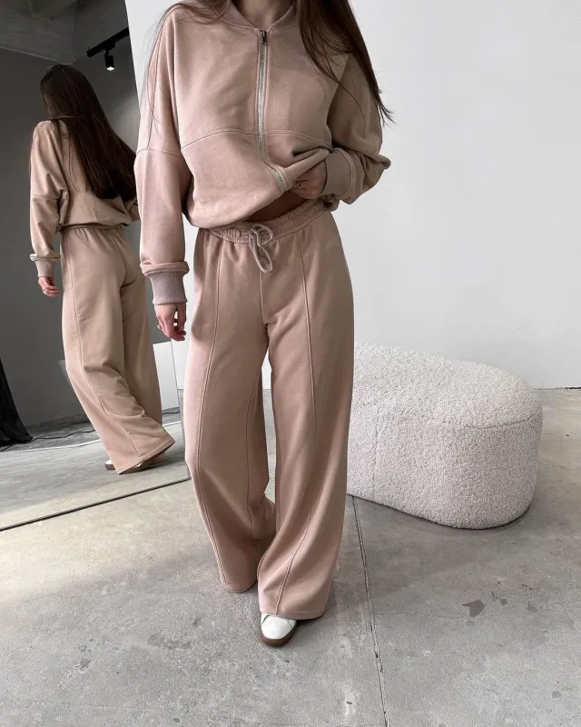 Spring Fashion Solid Color Zipper Cardigan Straight leg Pants Women's Suit Camel - Shop at LoveMi