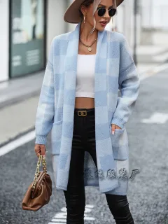 European And American Coat Loose Plaid Color Stitching Knitted Cardigan Fashion Sweater - Blue - View 1