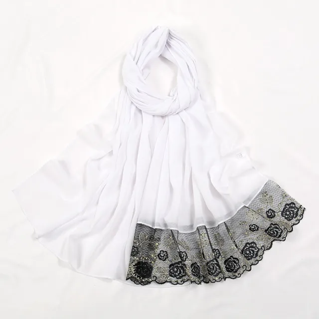 Flower Lace Pearl Chiffon Scarf 2 Navy Blue - Shop at LoveMi